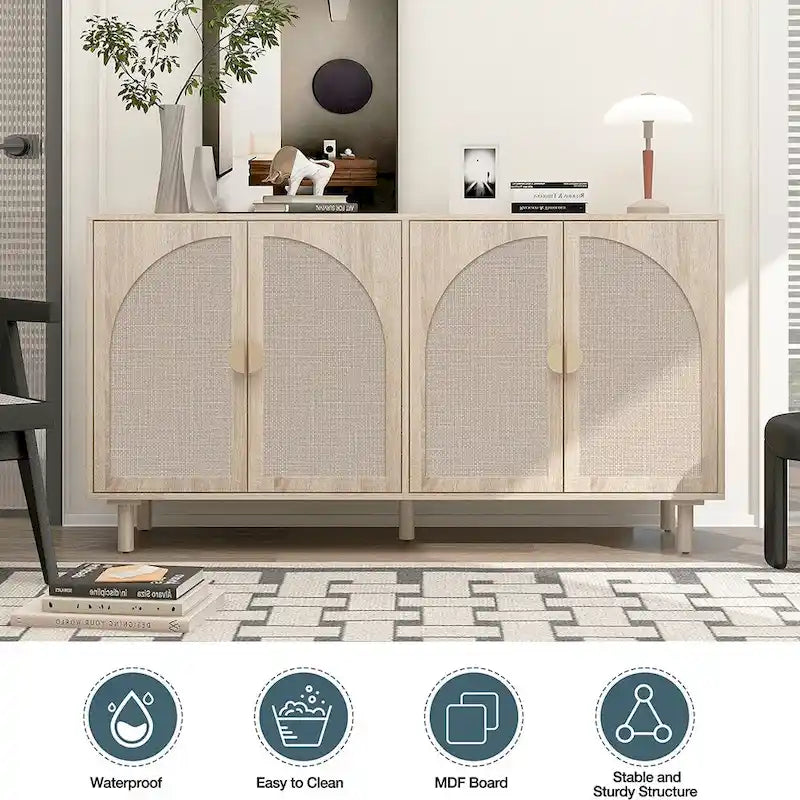 Natural Rattan 4-Door Storage Cabinet with Adjustable Shelves
