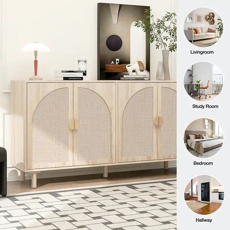 Natural Rattan 4-Door Storage Cabinet with Adjustable Shelves