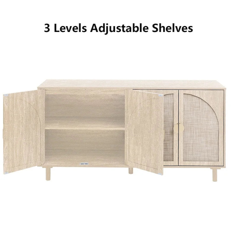 Natural Rattan 4-Door Storage Cabinet with Adjustable Shelves