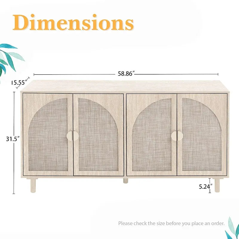 Natural Rattan 4-Door Storage Cabinet with Adjustable Shelves