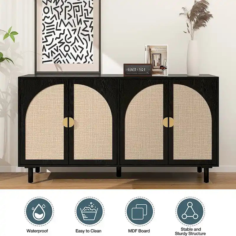 Natural Rattan 4-Door Storage Cabinet with Adjustable Shelves