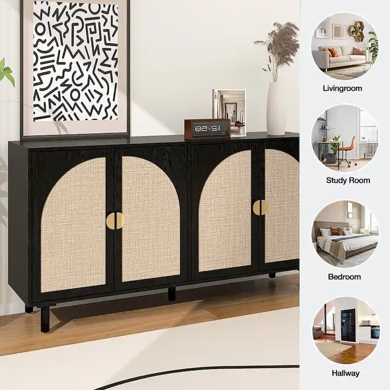 Natural Rattan 4-Door Storage Cabinet with Adjustable Shelves