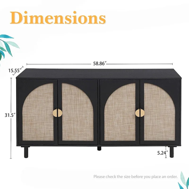 Natural Rattan 4-Door Storage Cabinet with Adjustable Shelves