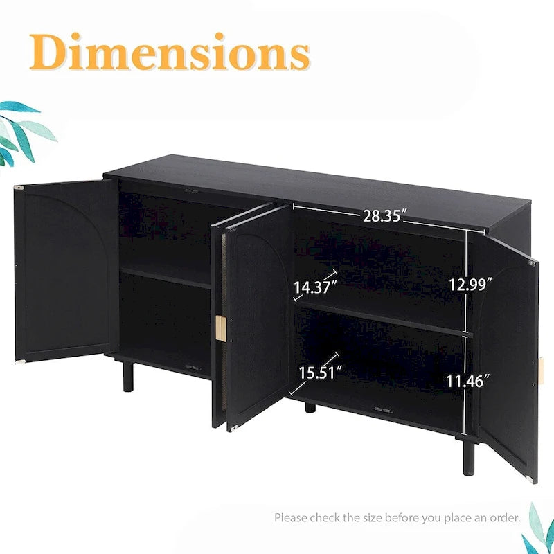 Natural Rattan 4-Door Storage Cabinet with Adjustable Shelves