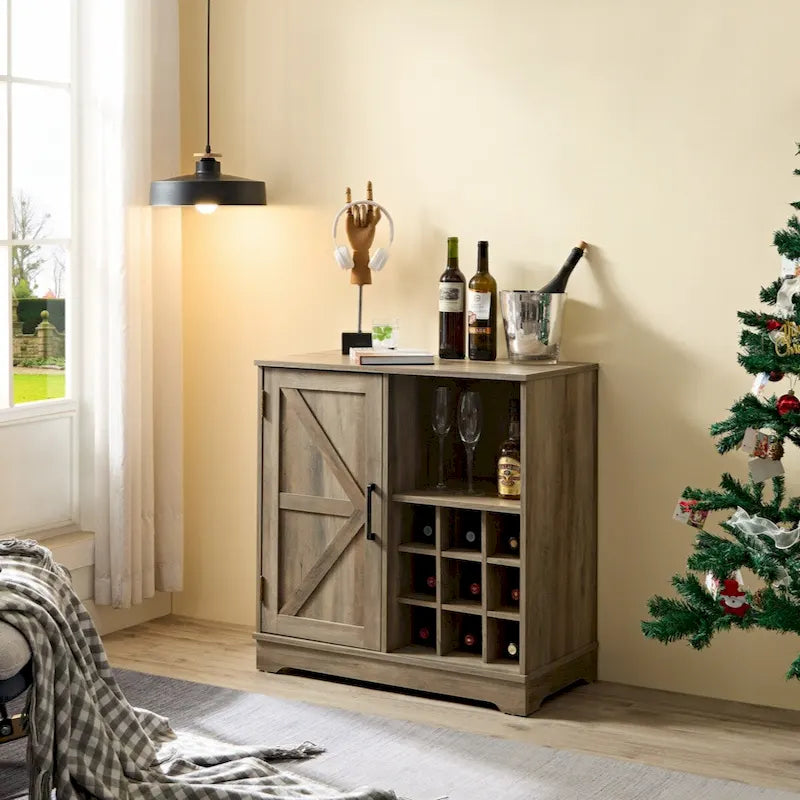 Rustic Brown Coffee Bar Cabinet with Barn Door and Wine Rack