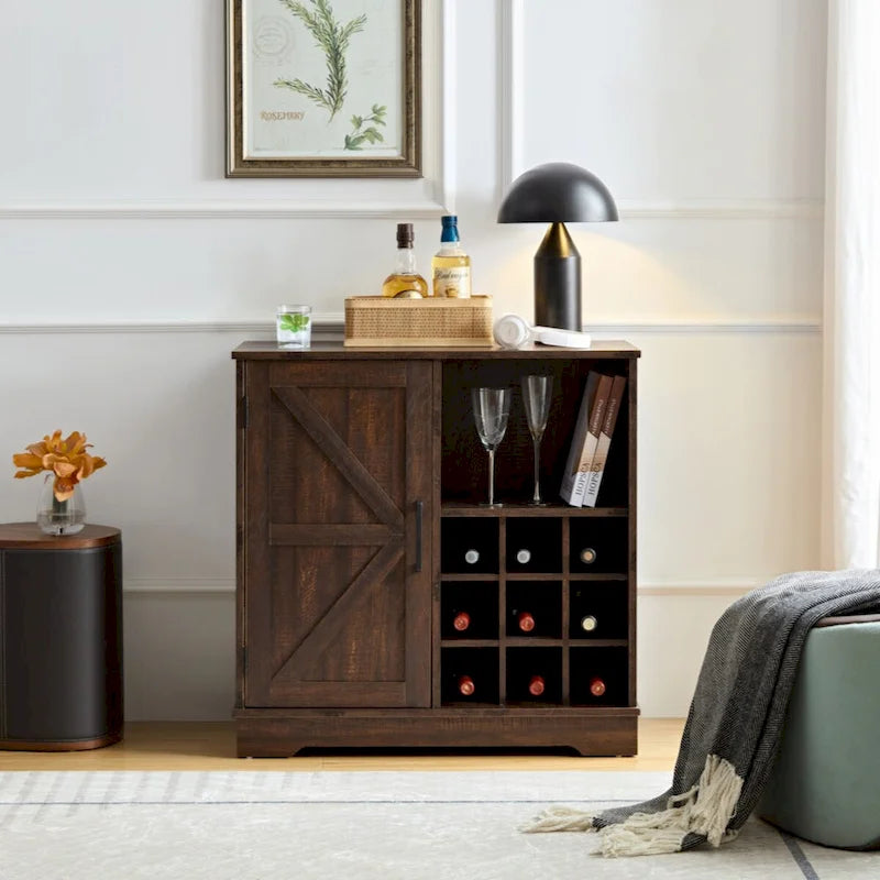 Rustic Brown Coffee Bar Cabinet with Barn Door and Wine Rack