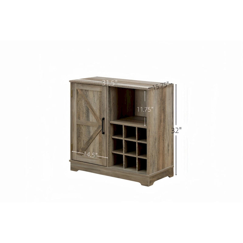 Rustic Brown Coffee Bar Cabinet with Barn Door and Wine Rack