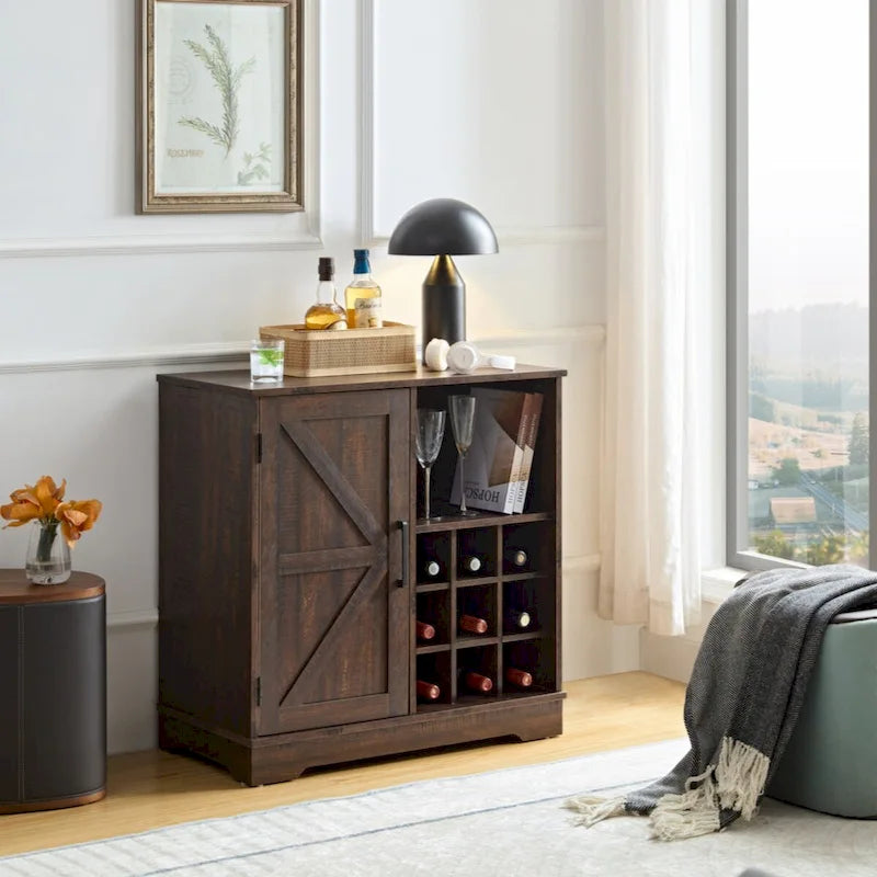 Rustic Brown Coffee Bar Cabinet with Barn Door and Wine Rack