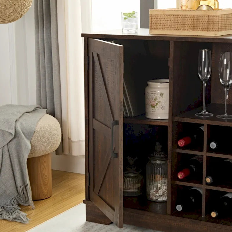 Rustic Brown Coffee Bar Cabinet with Barn Door and Wine Rack