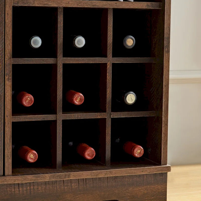 Rustic Brown Coffee Bar Cabinet with Barn Door and Wine Rack