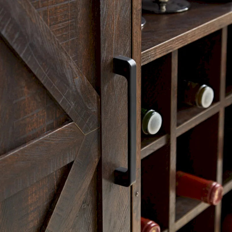 Rustic Brown Coffee Bar Cabinet with Barn Door and Wine Rack