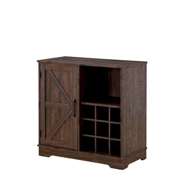 Rustic Brown Coffee Bar Cabinet with Barn Door and Wine Rack