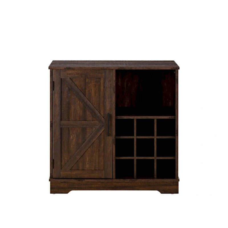 Rustic Brown Coffee Bar Cabinet with Barn Door and Wine Rack