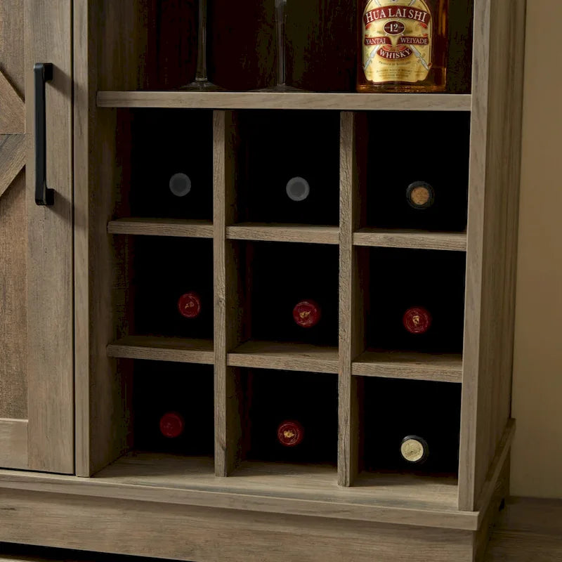 Rustic Brown Coffee Bar Cabinet with Barn Door and Wine Rack