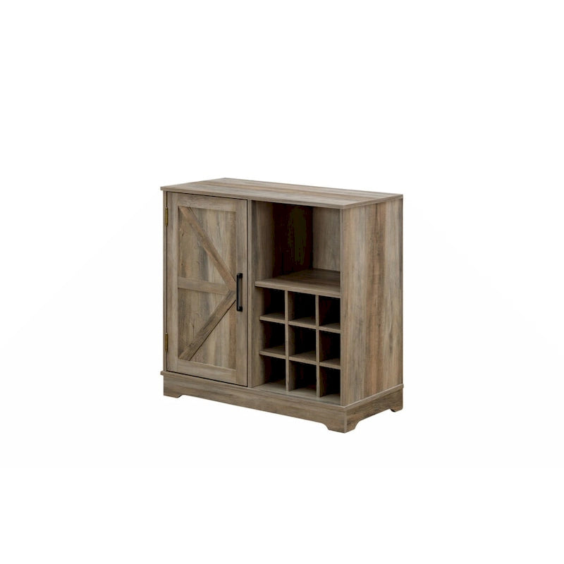 Rustic Brown Coffee Bar Cabinet with Barn Door and Wine Rack
