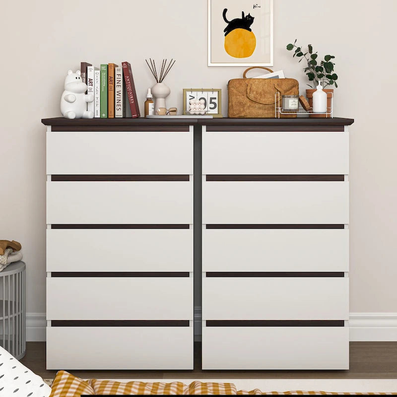 White 5-Drawer Tall Dresser with Natural Top