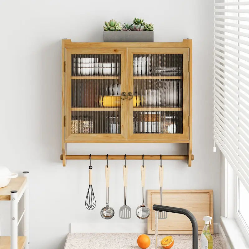 Natural Wood Glass Door Wall Cabinet - Double Door Storage with Towel Rack