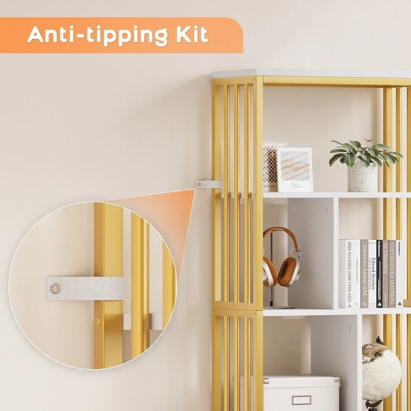 White and Gold 8-Shelf Bookcase with Cabinet and Drawers