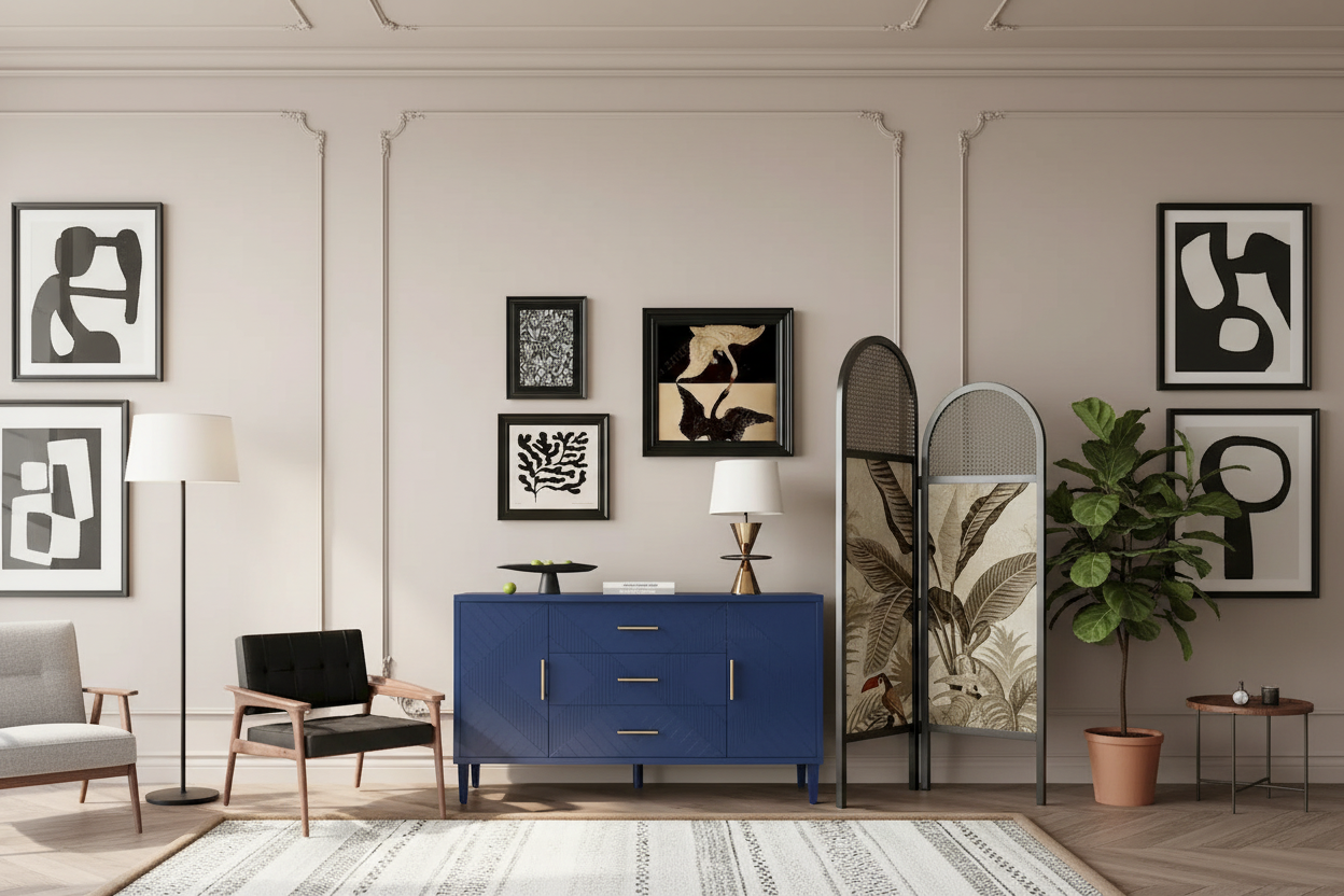 Navy Blue Storage Cabinet with 2 Doors and 3 Drawers