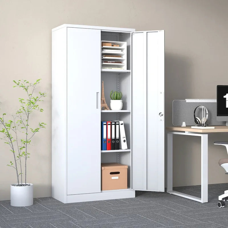 White Steel Storage Cabinet with Locking Doors and 3 Adjustable Shelves