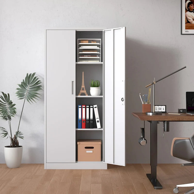 White Steel Storage Cabinet with Locking Doors and 3 Adjustable Shelves