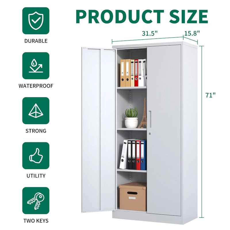 White Steel Storage Cabinet with Locking Doors and 3 Adjustable Shelves