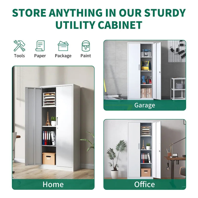 White Steel Storage Cabinet with Locking Doors and 3 Adjustable Shelves