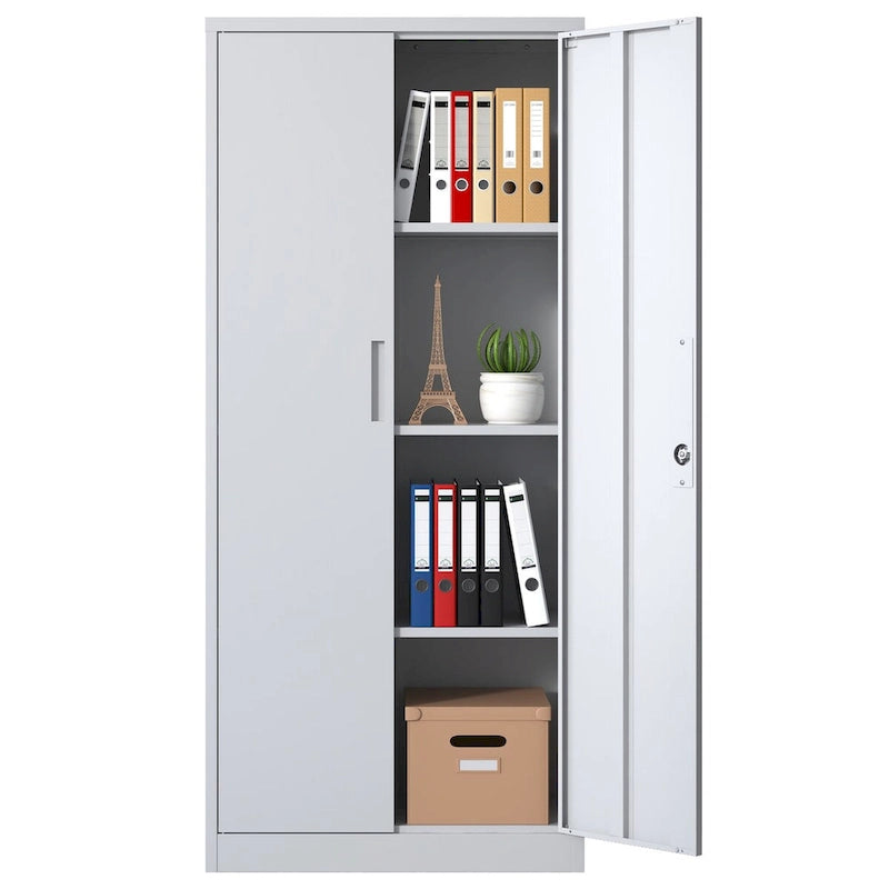 White Steel Storage Cabinet with Locking Doors and 3 Adjustable Shelves