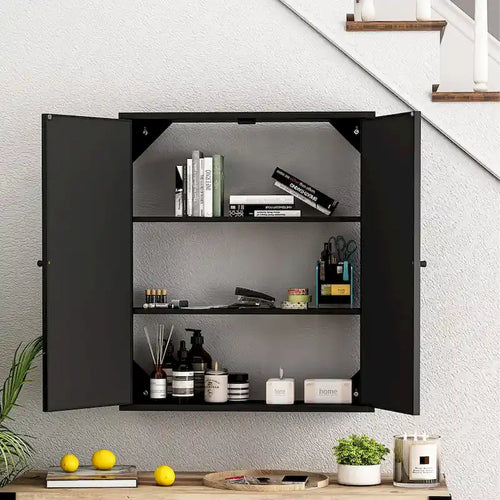 Black Two Door Wall Cabinet with Mirror - Retro Style Storage