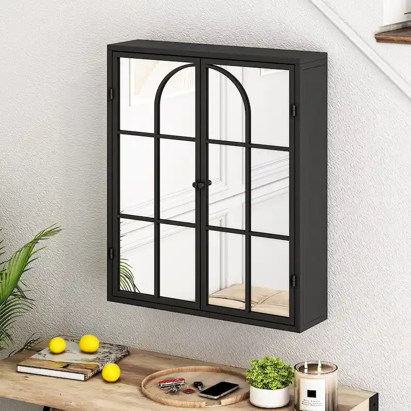 Black Two Door Wall Cabinet with Mirror - Retro Style Storage