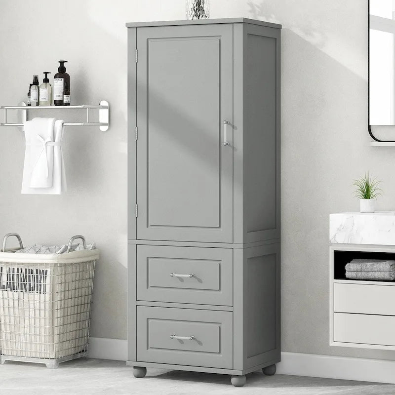 Grey Freestanding Storage Cabinet with Two Drawers and Adjustable Shelves