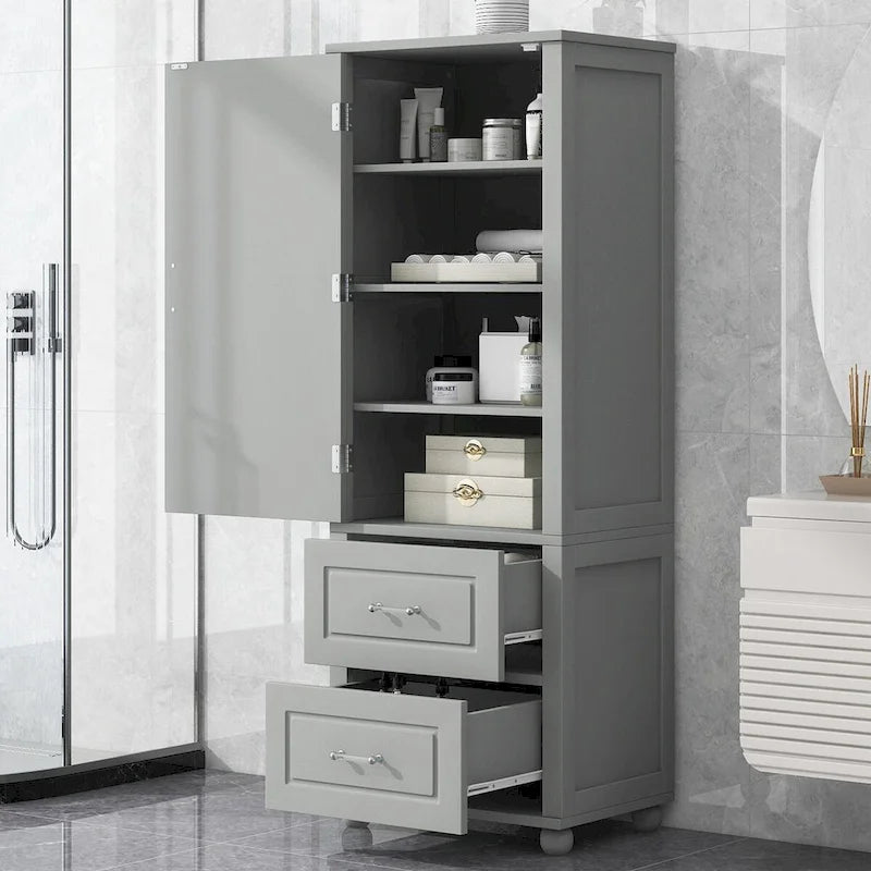 Grey Freestanding Storage Cabinet with Two Drawers and Adjustable Shelves