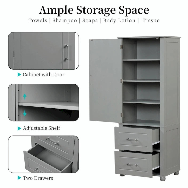 Grey Freestanding Storage Cabinet with Two Drawers and Adjustable Shelves