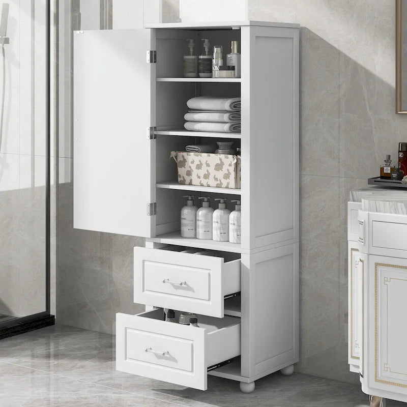 Grey Freestanding Storage Cabinet with Two Drawers and Adjustable Shelves