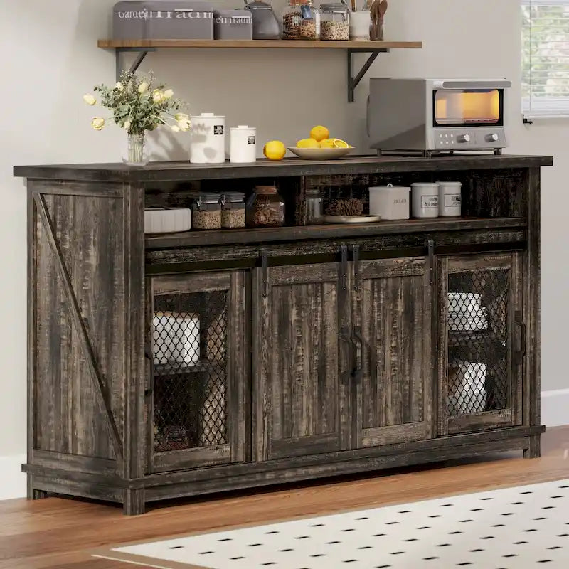 Brown Oak 63-Inch Sideboard with Sliding Barn Doors