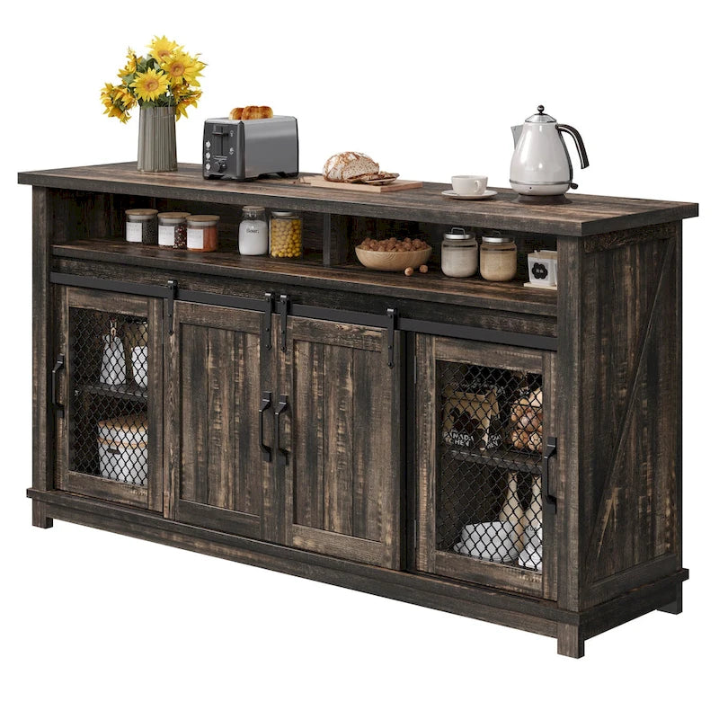 Brown Oak 63-Inch Sideboard with Sliding Barn Doors