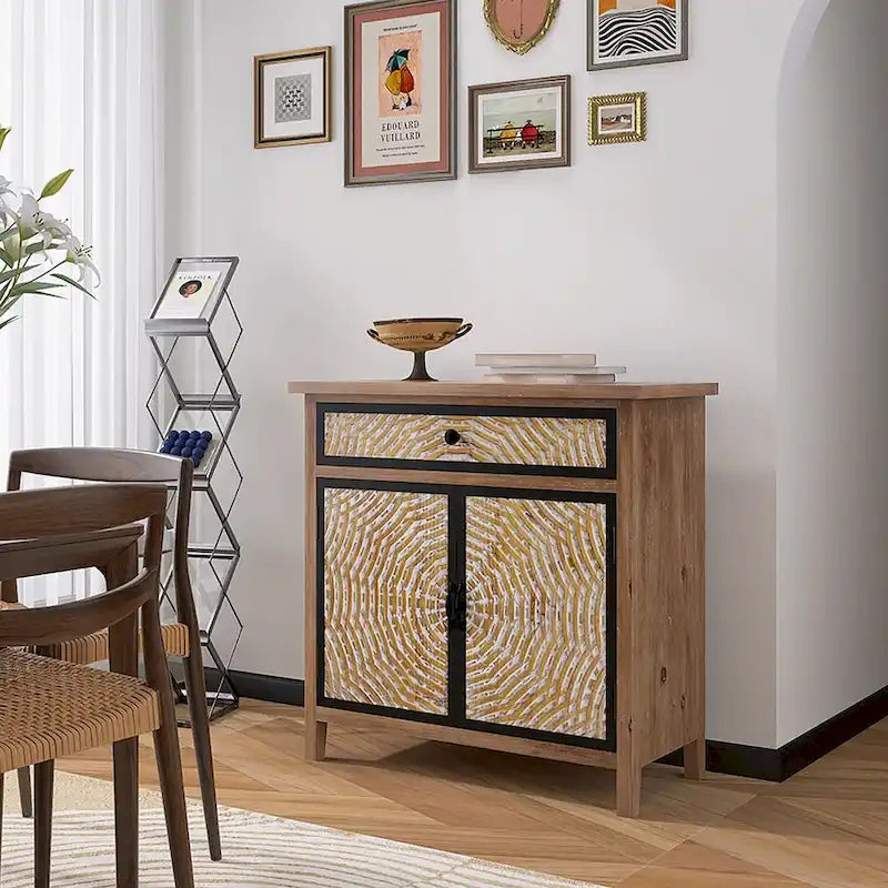 Natural Wood Storage Cabinet with Drawers and Doors - Multi-Purpose