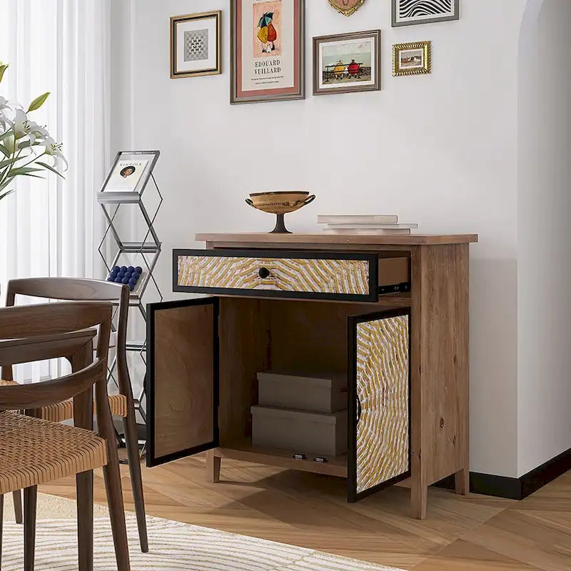 Natural Wood Storage Cabinet with Drawers and Doors - Multi-Purpose