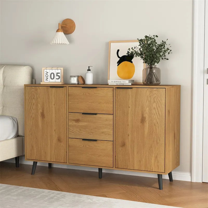 Wood Sideboard Buffet Cabinet with 3 Drawers & 2 Doors