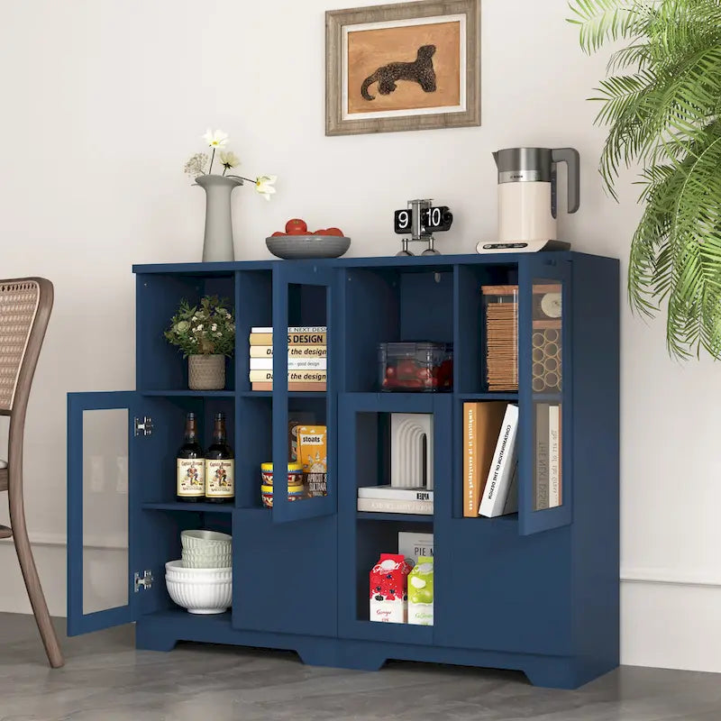 Blue Floor Cabinet with 2 Glass Doors for Home Storage
