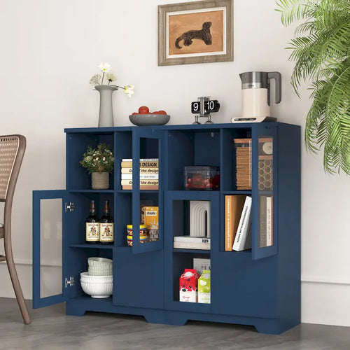 Blue Floor Cabinet with 2 Glass Doors for Home Storage