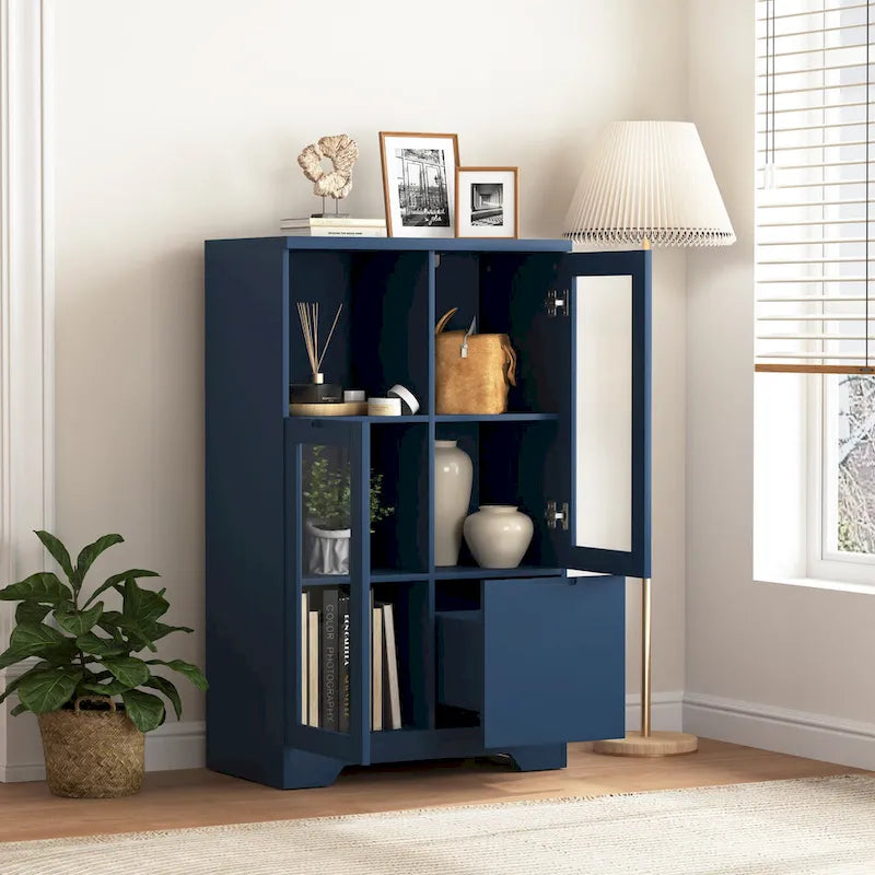 Blue Floor Cabinet with 2 Glass Doors for Home Storage