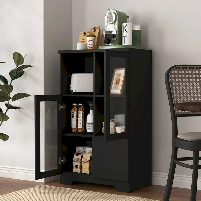 Blue Floor Cabinet with 2 Glass Doors for Home Storage