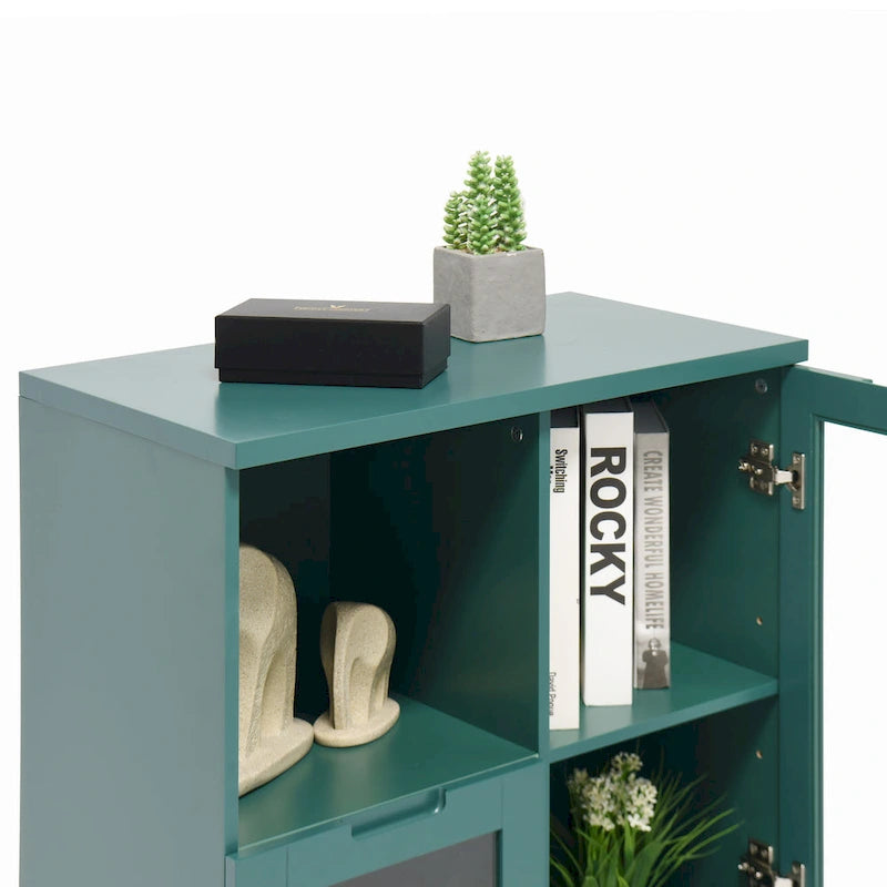 Blue Floor Cabinet with 2 Glass Doors for Home Storage