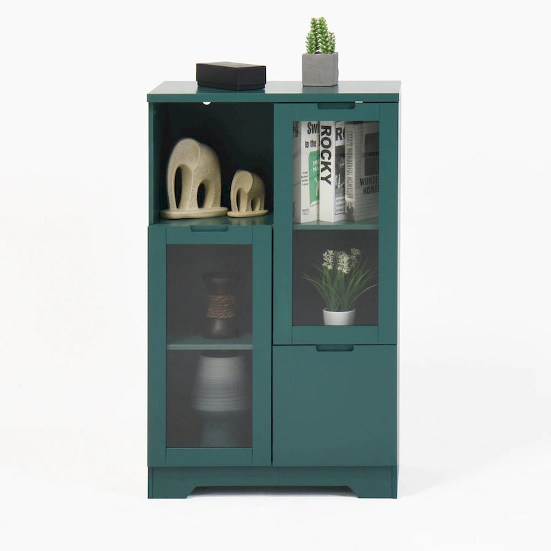 Blue Floor Cabinet with 2 Glass Doors for Home Storage