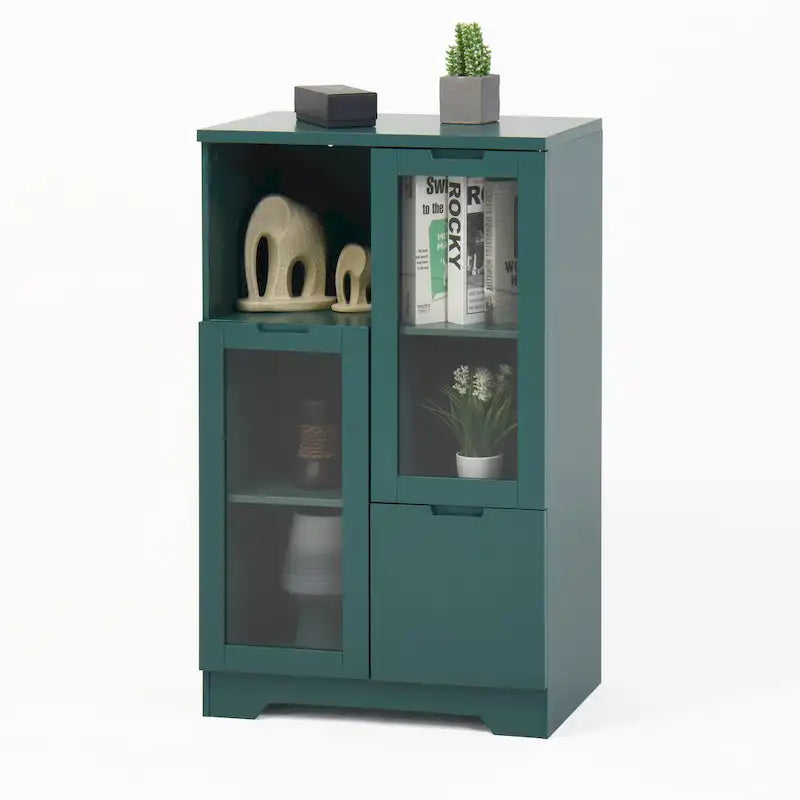 Blue Floor Cabinet with 2 Glass Doors for Home Storage
