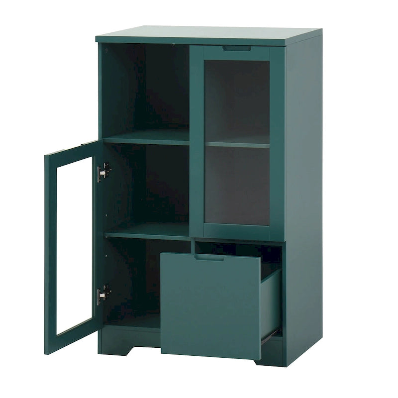 Blue Floor Cabinet with 2 Glass Doors for Home Storage