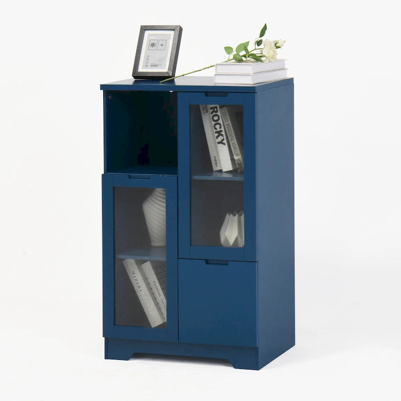 Blue Floor Cabinet with 2 Glass Doors for Home Storage