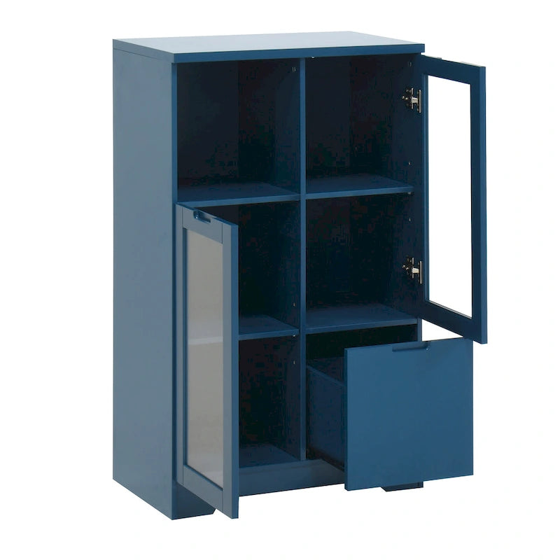 Blue Floor Cabinet with 2 Glass Doors for Home Storage