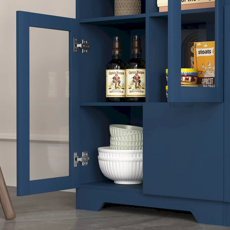 Blue Floor Cabinet with 2 Glass Doors for Home Storage